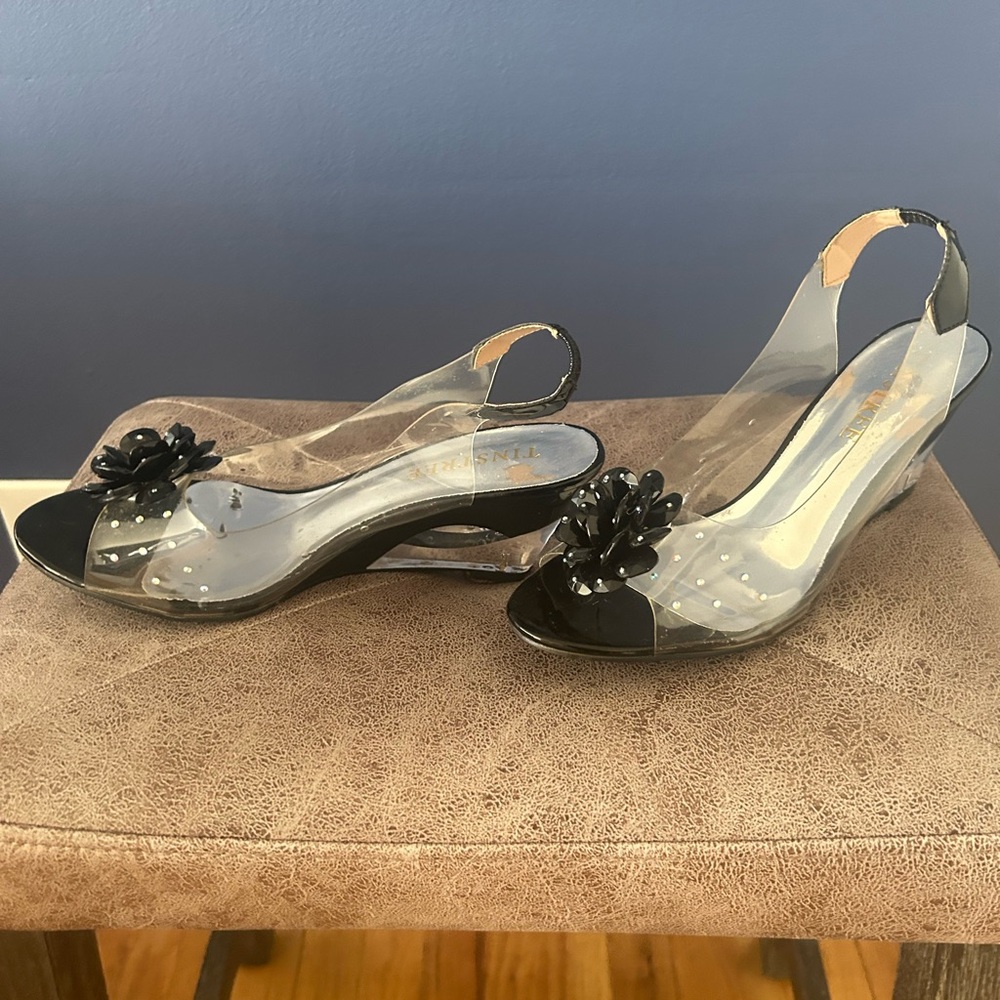 Transparent Slingback Wedge Sandals with Black Flower Accent